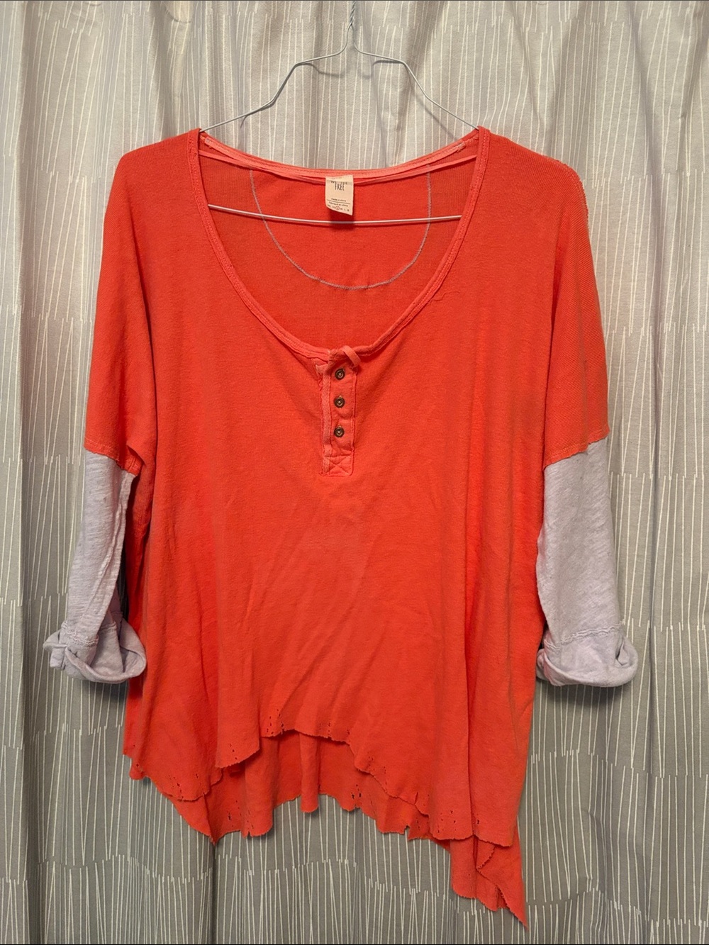 We The Free Coral Henley Long-Sleeve Top with Light Gray Sleeves